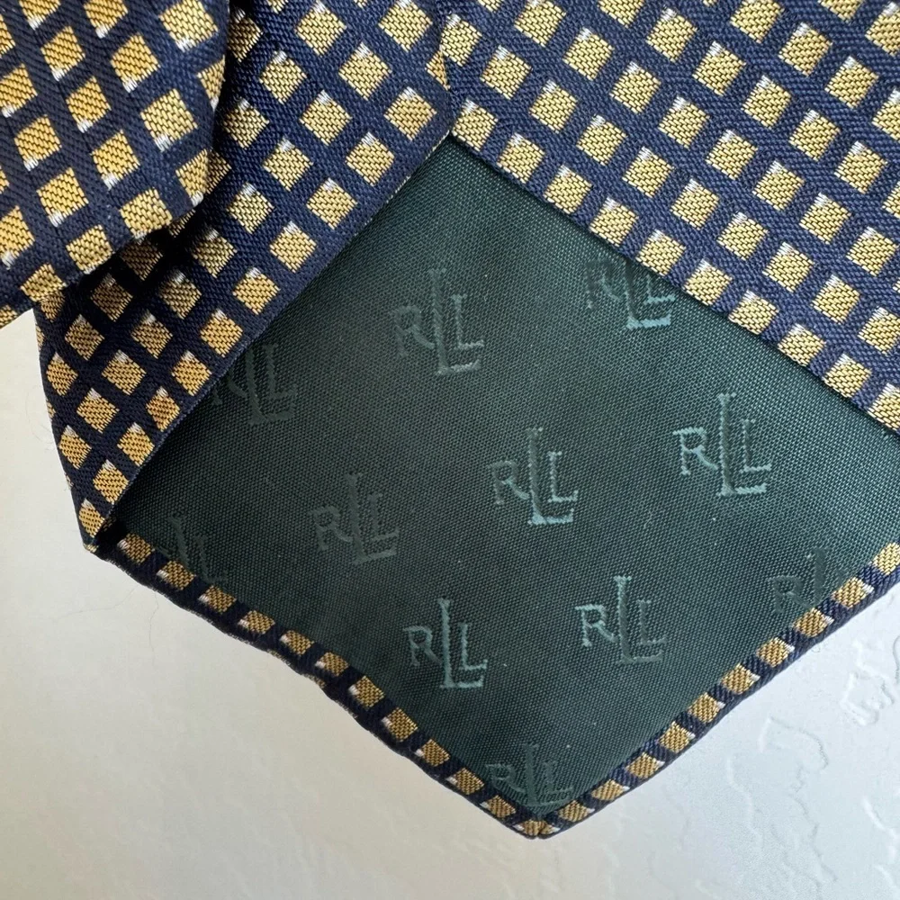 Lauren Ralph Lauren Silk Necktie Tie Geometric Pattern Navy Blue Gold